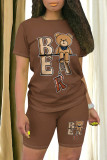 Brown Casual Cartoon Print O Neck Short Sleeve Two Pieces