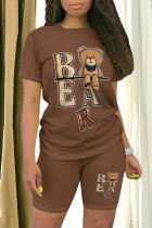 Brown Casual Cartoon Print O Neck Short Sleeve Two Pieces