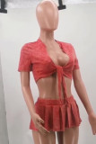 Red Casual Solid Color Ruched Strap Design Patchwork V Neck Short Sleeve Two Pieces