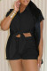 Black Casual Solid Color Buckle Patchwork Turndown Collar Short Sleeve Two Pieces