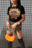 Yellow Casual Letter Print Hollow Out O Neck T-Shirts