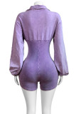 Purple Casual Solid Color Patchwork V Neck Skinny Rompers