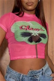 Rose Red Casual Print Basic O Neck T-Shirts