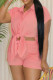 Pink Casual Solid Color Buckle Patchwork Turndown Collar Short Sleeve Two Pieces