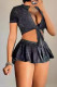Black Casual Solid Color Ruched Strap Design Patchwork V Neck Short Sleeve Two Pieces