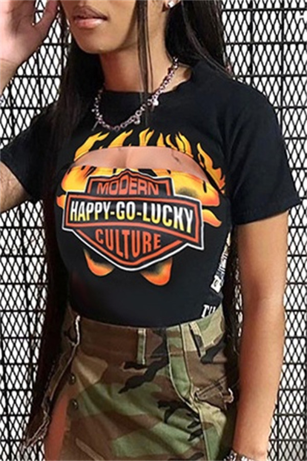 Yellow Casual Letter Print Hollow Out O Neck T-Shirts