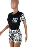 Black Casual Leopard Print Pocket Patchwork O Neck Short Sleeve Two Pieces