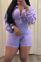 Purple Casual Solid Color Patchwork V Neck Skinny Rompers