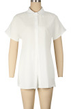 White Casual Solid Color Buckle Patchwork Turndown Collar Short Sleeve Two Pieces