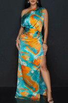 Green Celebrities Print High Slit Ruched Patchwork Oblique Collar Long Dresses