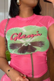 Rose Red Casual Print Basic O Neck T-Shirts