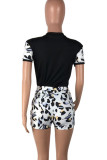 Black Casual Leopard Print Pocket Patchwork O Neck Short Sleeve Two Pieces