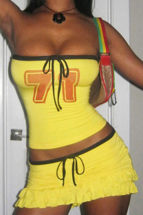 Yellow Sexy Digital Strap Design Patchwork Strapless Sleeveless Two Pieces