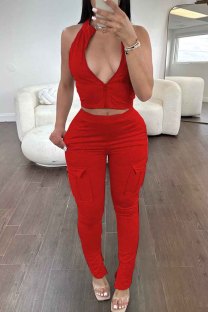 Red Casual Solid Color Pocket Patchwork Zipper Collar Sleeveless Two Pieces