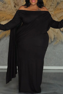 Black Casual Solid Color Ruched Patchwork Off Shoulder Long Plus Size Dresses