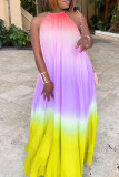 Yellow Casual Gradient Print Backless Patchwork Halter Long Dresses