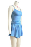 Blue Sexy Solid Color Ruched Patchwork Spaghetti Strap Sleeveless Two Pieces