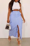 Blue Casual Striped Print Slit Bodycon High Waist Conventional Full Print Skirts