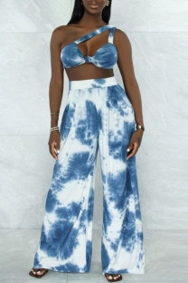 Blue Sexy Casual Tie Dye Print Backless Oblique Collar Sleeveless Two Pieces