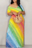Colorful Blue Casual The stars Ombre Rainbow Contrast Off Shoulder Printed Dresses