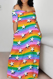 Colorful Blue Casual The stars Ombre Rainbow Contrast Off Shoulder Printed Dresses