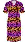 Colour Casual Daily Leopard Print Plants Print Pocket Contrast V Neck Printed Plus Size Dresses