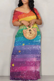 Colorful Blue Casual The stars Ombre Rainbow Contrast Off Shoulder Printed Dresses