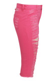 Pink Denim Button Fly Sleeveless High Hole Solid Patchwork pencil Capris Shorts