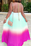 Yellow Casual Gradient Print Backless Patchwork Halter Long Dresses