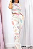 Multicolor Casual Daily Geometric Print Pocket Contrast O Neck Short Sleeve Two Pieces