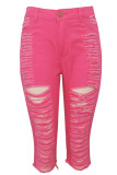 Pink Denim Button Fly Sleeveless High Hole Solid Patchwork pencil Capris Shorts