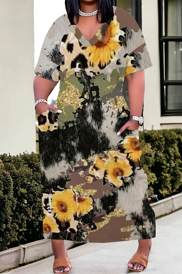 Multicolor Casual Daily Leopard Print Plants Print Pocket Contrast V Neck Printed Plus Size Dresses
