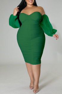 Green Sexy Solid Color Backless Slit Off Shoulder Wrapped Skirt Plus Size Dresses