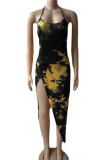 Yellow Sexy Tie Dye Backless High Slit Patchwork Halter Long Dresses