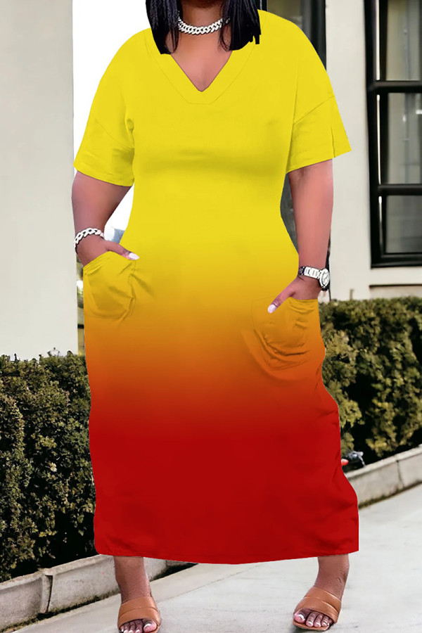 Yellow Red Casual Gradient Color Pocket Patchwork V Neck Straight Plus Size Dresses