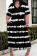 Black Casual Daily Striped Print Pocket Contrast V Neck Printed Plus Size Dresses