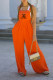 Orange Red Casual Letter Print Ruched Square Neck Loose Jumpsuits