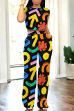 Multicolor Casual Daily Geometric Print Pocket Contrast O Neck Short Sleeve Two Pieces