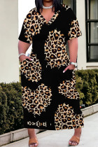 Black Casual Daily Leopard Print Plants Print Pocket Contrast V Neck Printed Plus Size Dresses