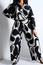 Black Casual Print Buckle Patchwork Turndown Collar Plus Size Two Pieces