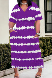 Black Casual Daily Striped Print Pocket Contrast V Neck Printed Plus Size Dresses