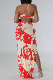 Red Celebrities Print Hollow Out High Slit Patchwork Oblique Collar Sleeveless Two Pieces