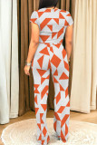 Light Gray Casual Daily Geometric Print Graffiti Print Pocket Contrast O Neck Short Sleeve Two Pieces