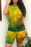 Green Yellow Casual Daily Gradient Print Contrast O Neck Short Sleeve Two Pieces