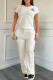 White Casual Print Pocket Lace Up Patchwork O Neck Short Sleeve Two Pieces