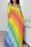 Colorful Blue Casual The stars Ombre Rainbow Contrast Off Shoulder Printed Dresses
