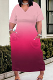Pink Casual Gradient Color Pocket Patchwork V Neck Straight Plus Size Dresses