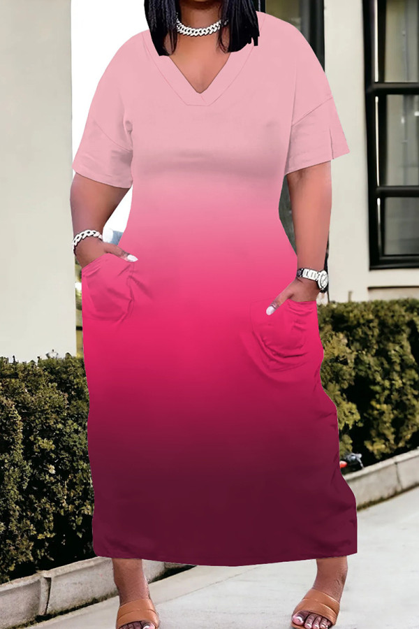 Pink Casual Gradient Color Pocket Patchwork V Neck Straight Plus Size Dresses