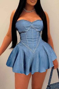 Light Blue Sexy Hot Solid Color Backless Strapless Sleeveless Bodycon Denim Dresses