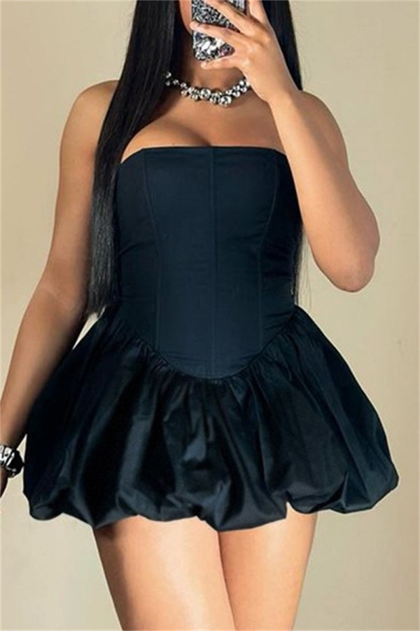 Black Sexy Casual Solid Color Backless Patchwork Strapless Ball Gown Dresses